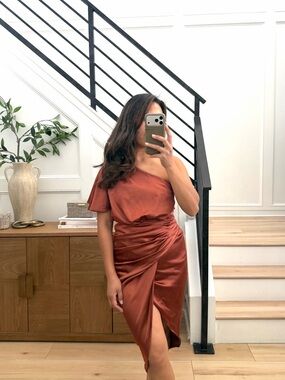 Rust Satin One Shoulder Ruched Midi Dress with Slit Size Small